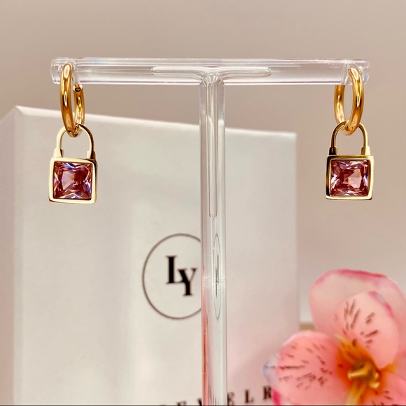 18K Gold Padlock Pink CZ Round Hinged Hoop Earrings - Picture 5 of 7